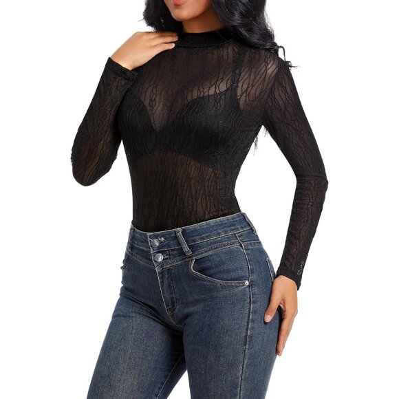 🆕 Women Black Long Sleeve Mesh Top Lace Mock Neck See Through Fitted Sexy Out - Picture 2 of 7